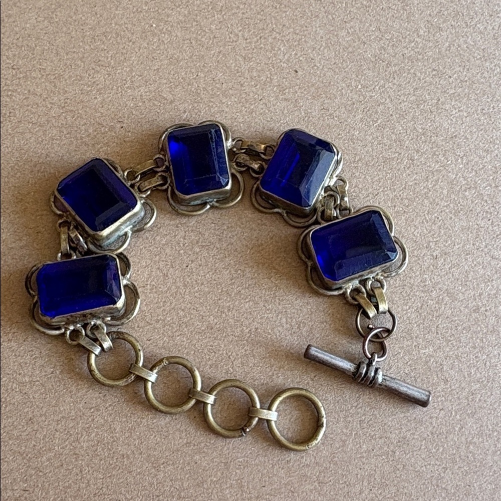 Sterling Silver bracelet with 5 rectangular blue sapphire gemstones stamped .925
